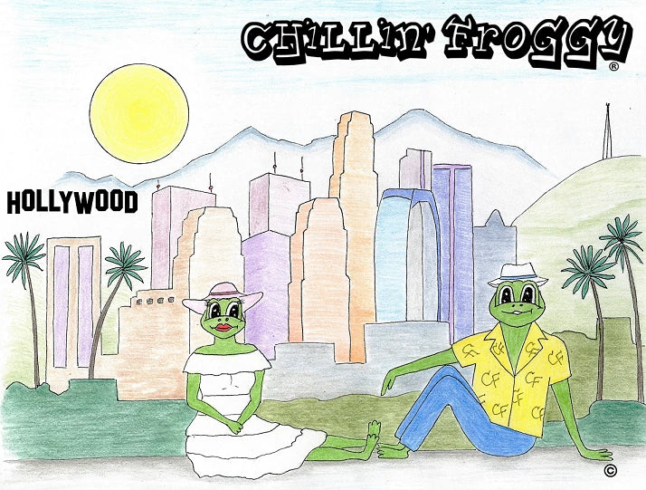 CHILLIN' FROGGY Los Angeles Skyline Hollywood Vintage Pop Art Logo T-Shirt New