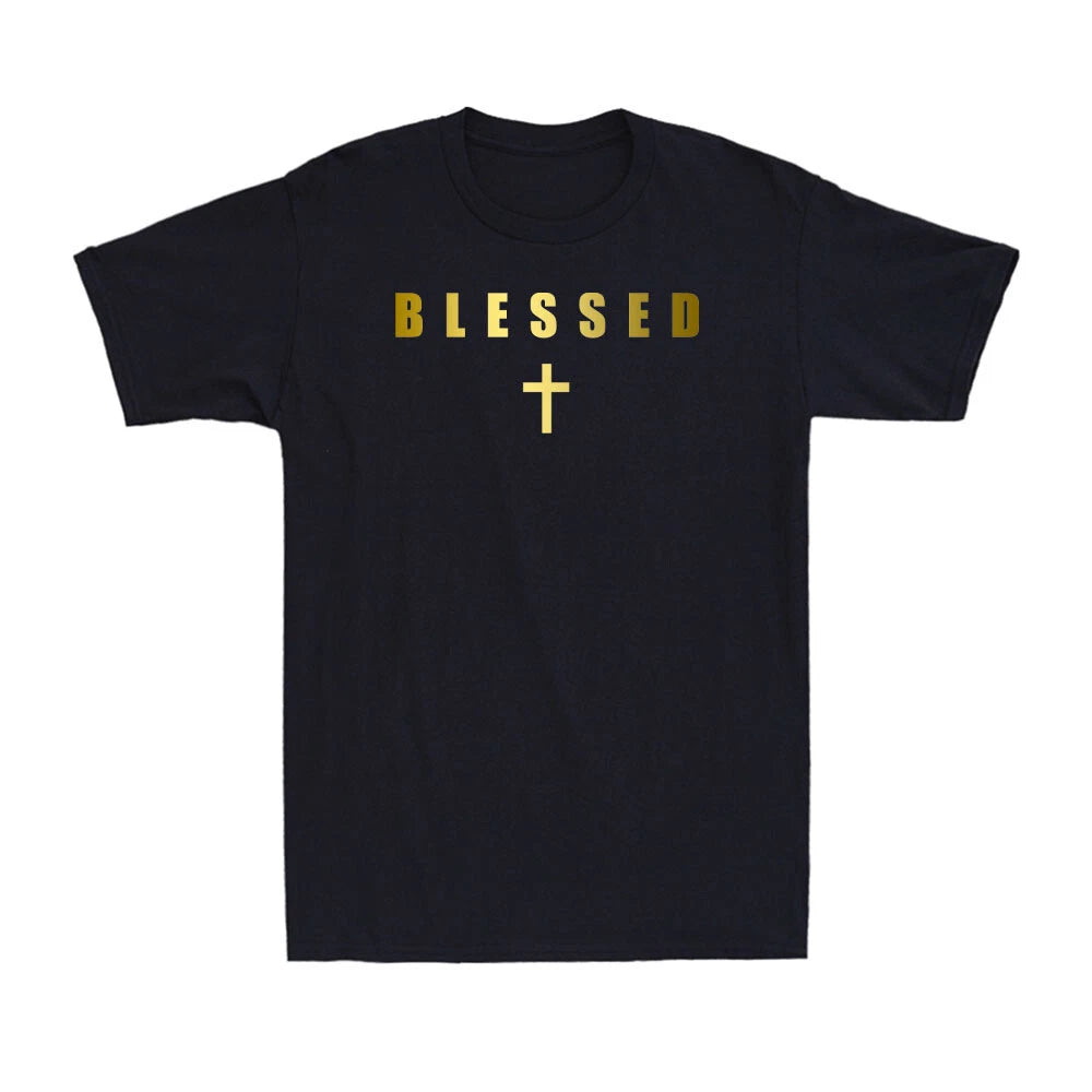 Blessed Cross Christian Minimalist Religious Faith Golden Print Men's T-Shirt