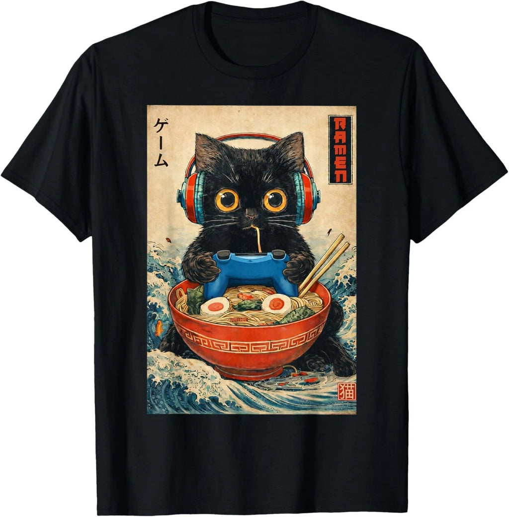 Cat Ramen Japanese Funny Graphic Tees Kawaii Cat Anime Gifts T-Shirt
