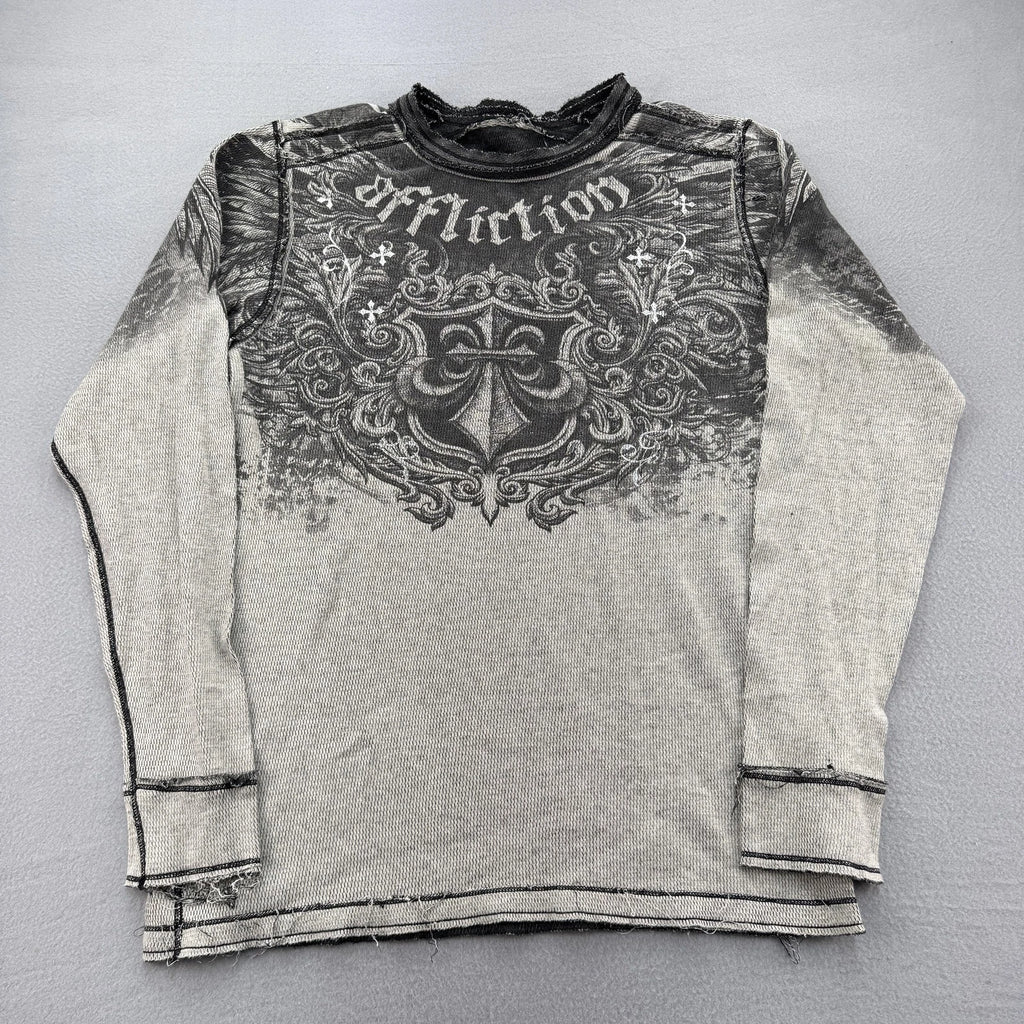 Affliction Shirt Mens Medium Gray Black Long Sleeve Distressed Graphic MMA Style