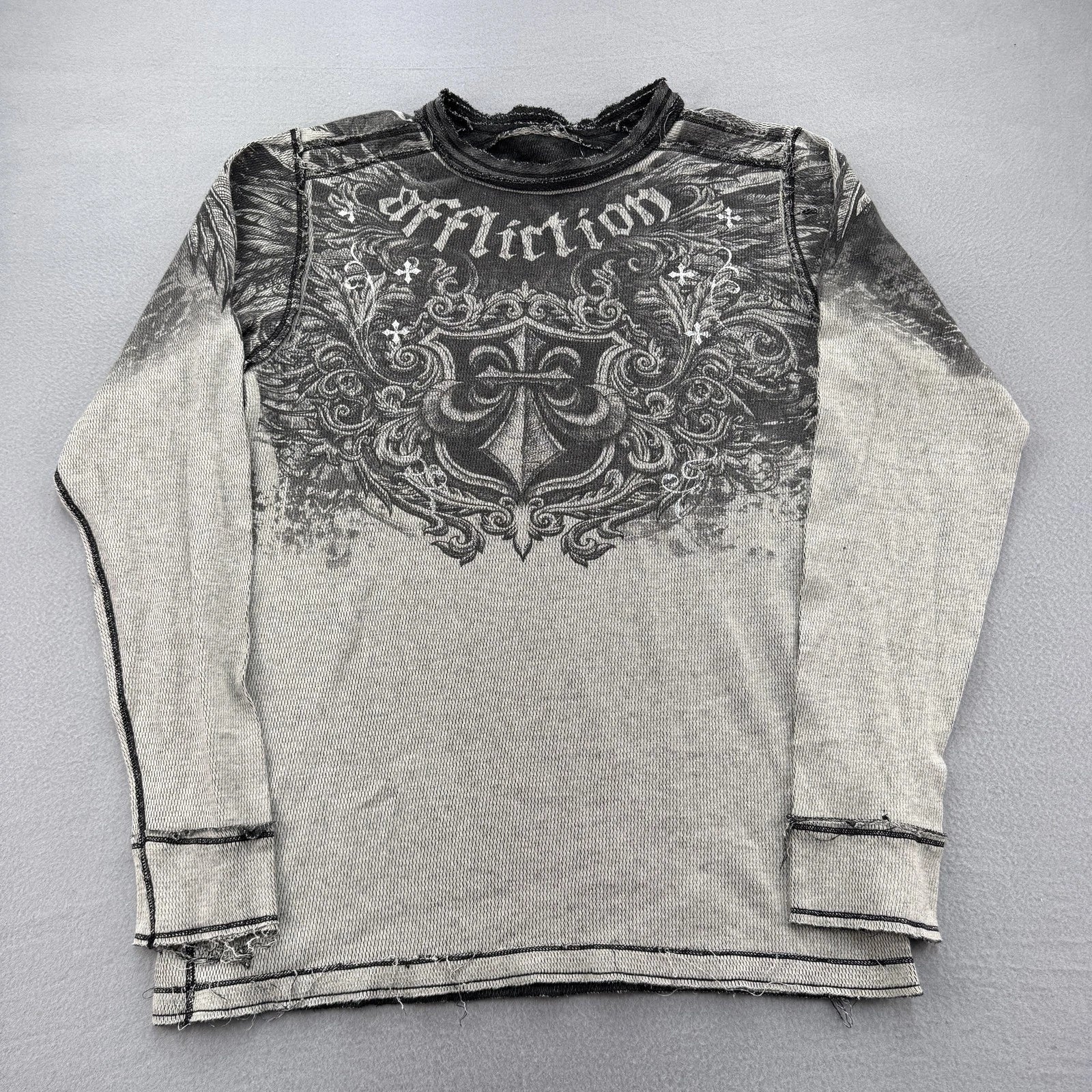 Affliction Shirt Mens Medium Gray Black Long Sleeve Distressed Graphic MMA Style