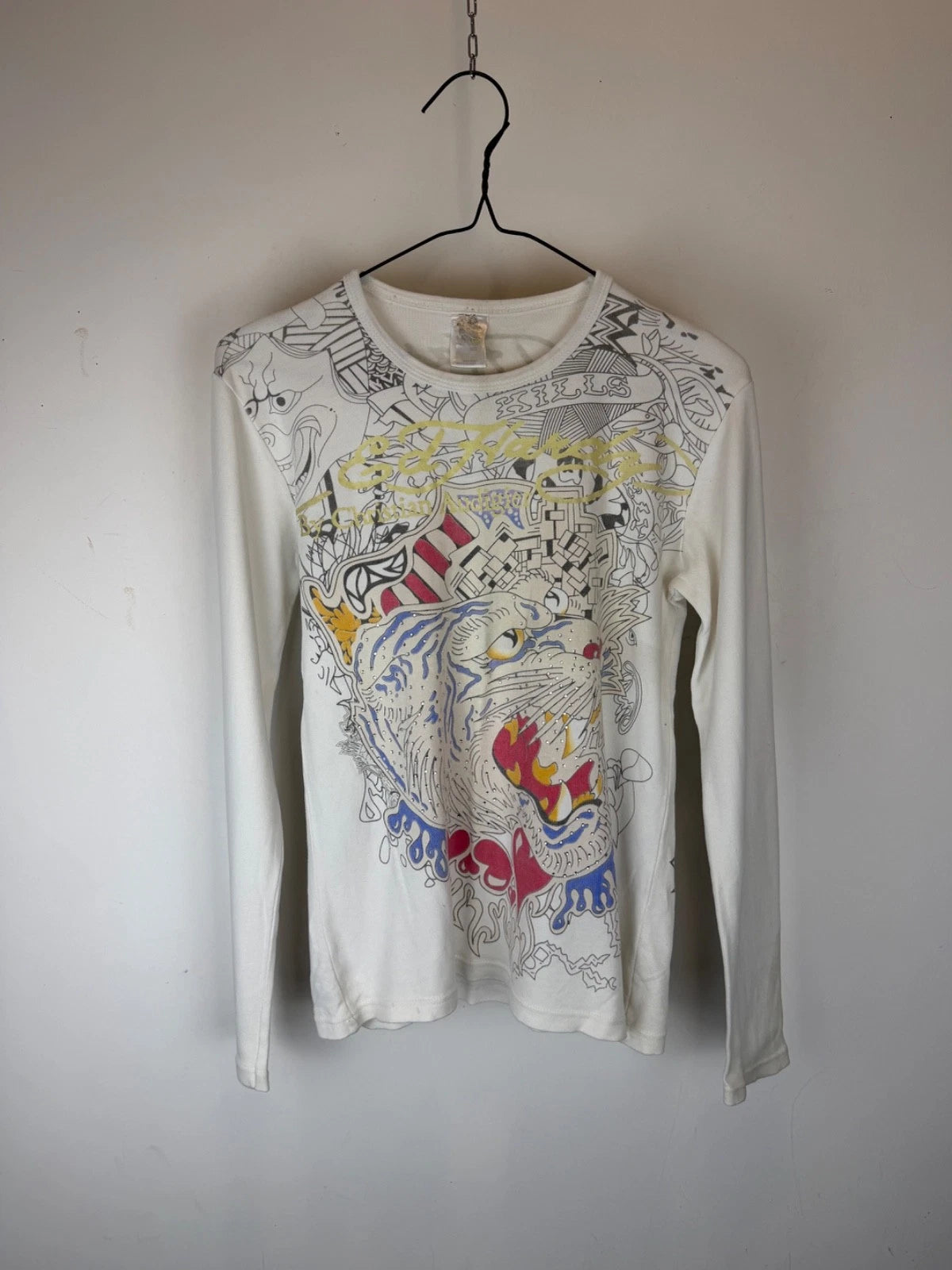 Ed Hardy by Christian Audigier Rhinestone Tattoo Long Sleeve Shirt Y2K Tee