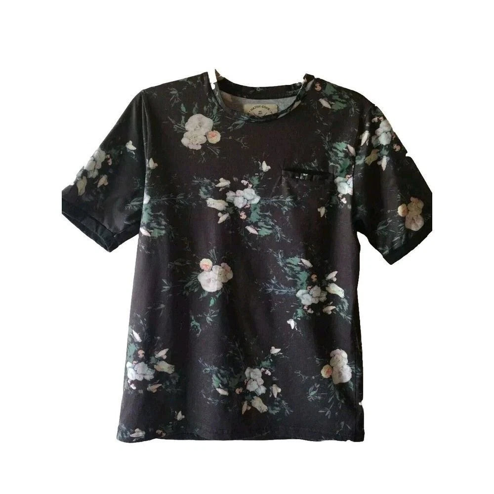 Native Code T-Shirt Men M Floral Grey & Multicolor Crew Neck Boho Short Sleeve