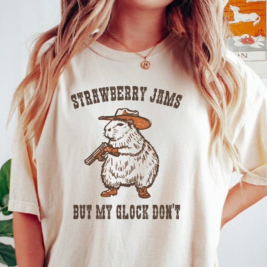 Strawberry Jams My Glock Don't Comfort Colors Shirt Funny Cowboy Capybara Meme