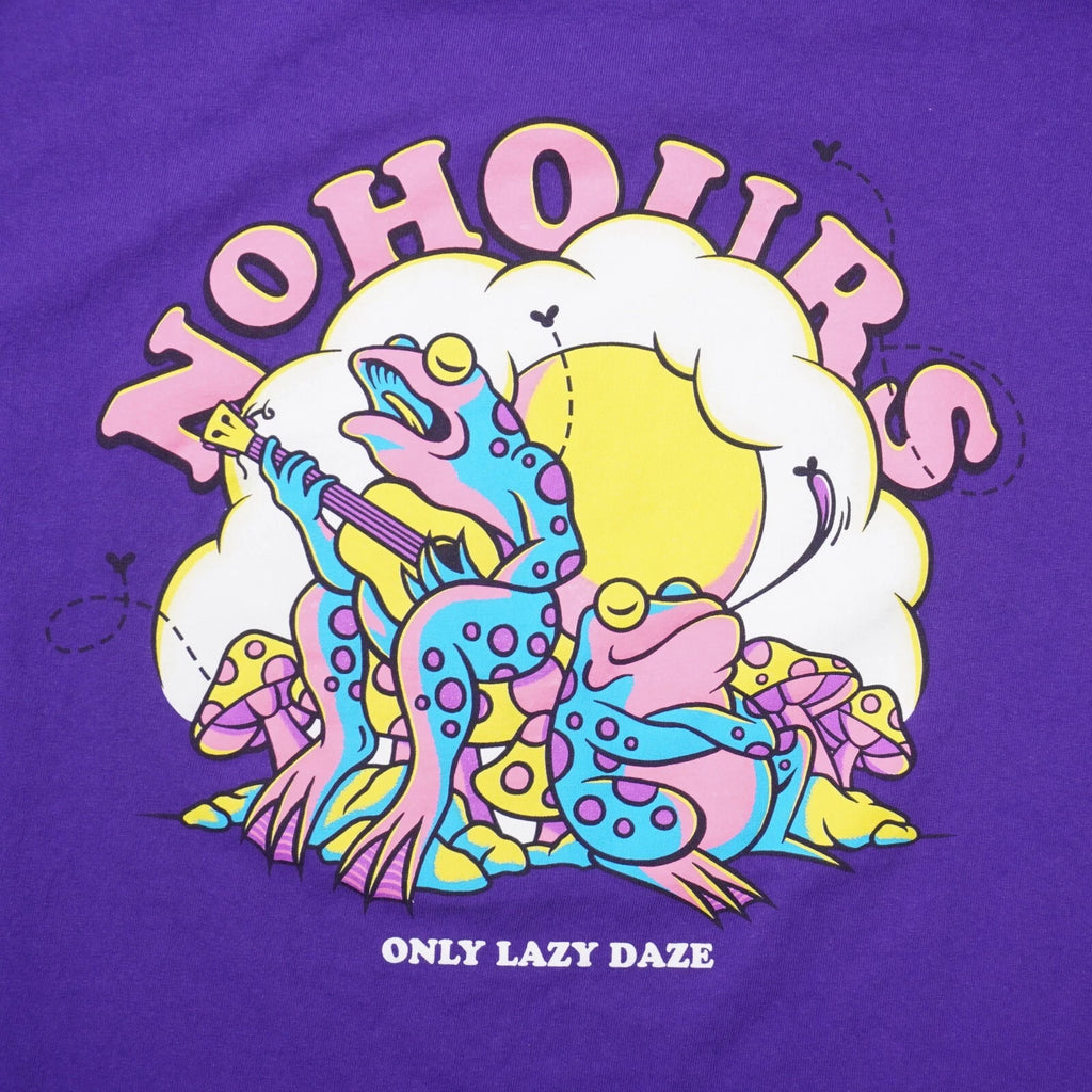 NO HOURS Only Lazy Daze Frogs Mushrooms T Shirt Mens Medium Purple Short Sleeve