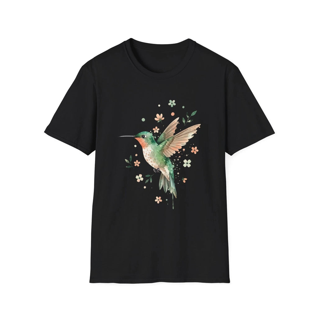 Hummingbird Watercolor Floral Nature Black Tee Aesthetic Print T-Shirt