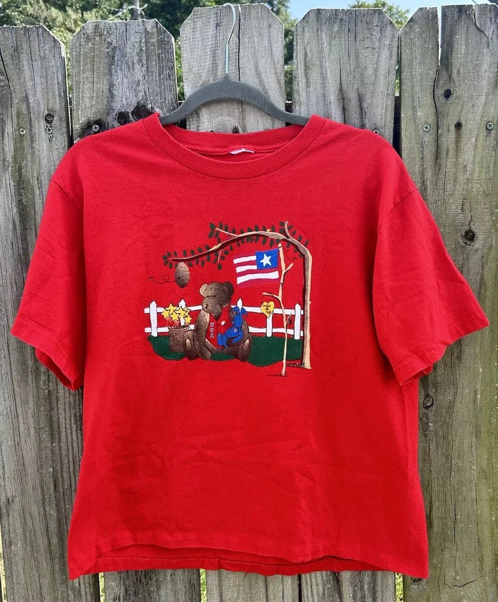 VTG Teddy Bear USA Shirt M Grandmacore Patriotic Whimsical Artsy Baggy 90s Cute