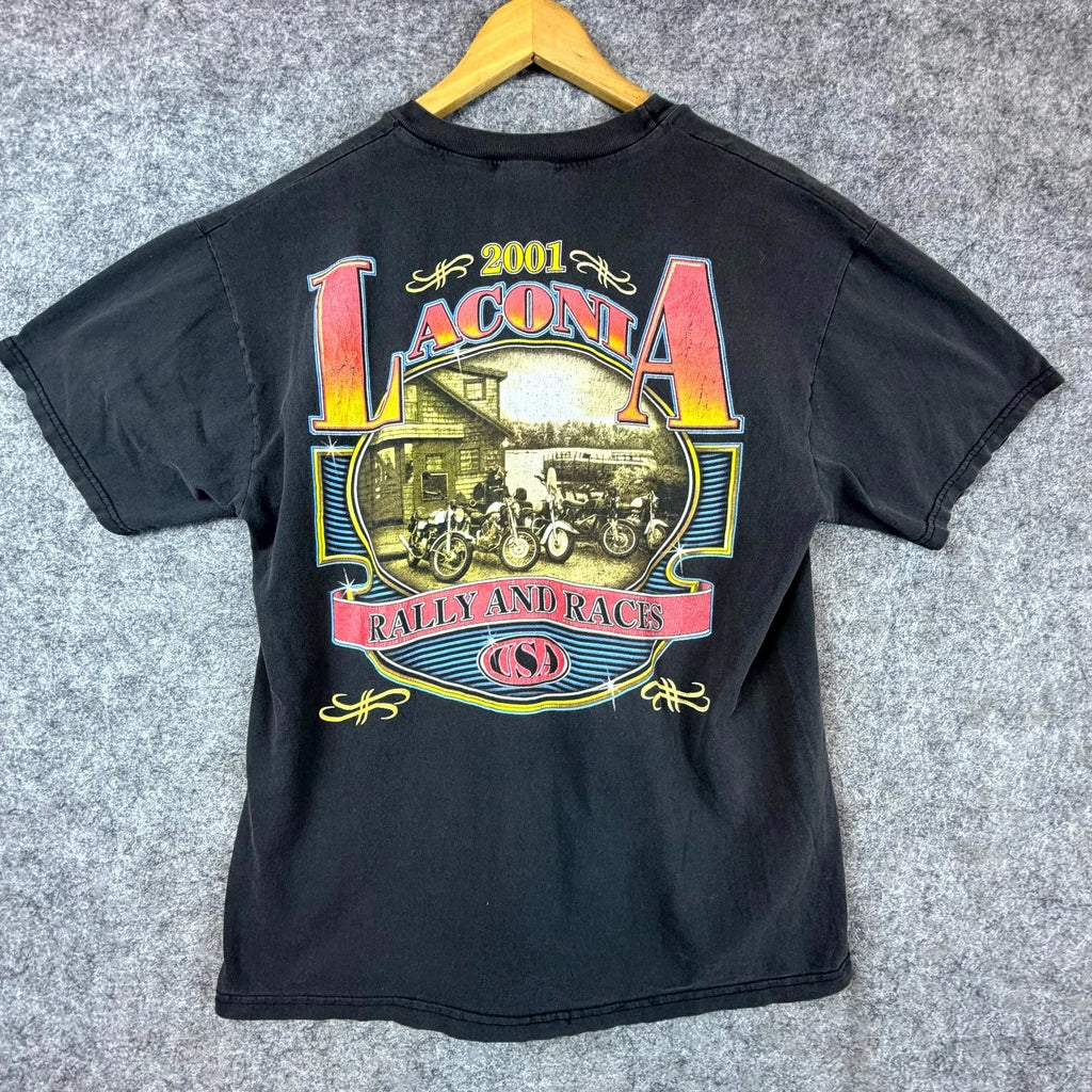 Vintage 2001 Laconia Motorcycle Rally Hanes T-Shirt Adult Large 42-44 Black Y2K