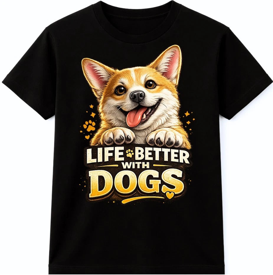 Dog Lover T-Shir Life Is Better With Dogs Corgi Graphic Cute Smiling Quote Tee