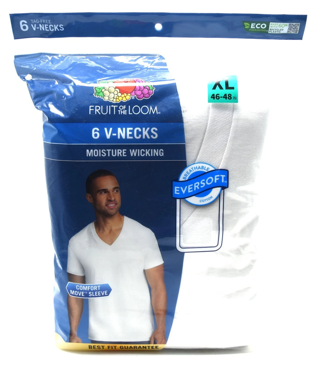 6 White XL 46-48 Inch V-Neck T-Shirts Fruit Of The Loom TG EG 117-122 CM