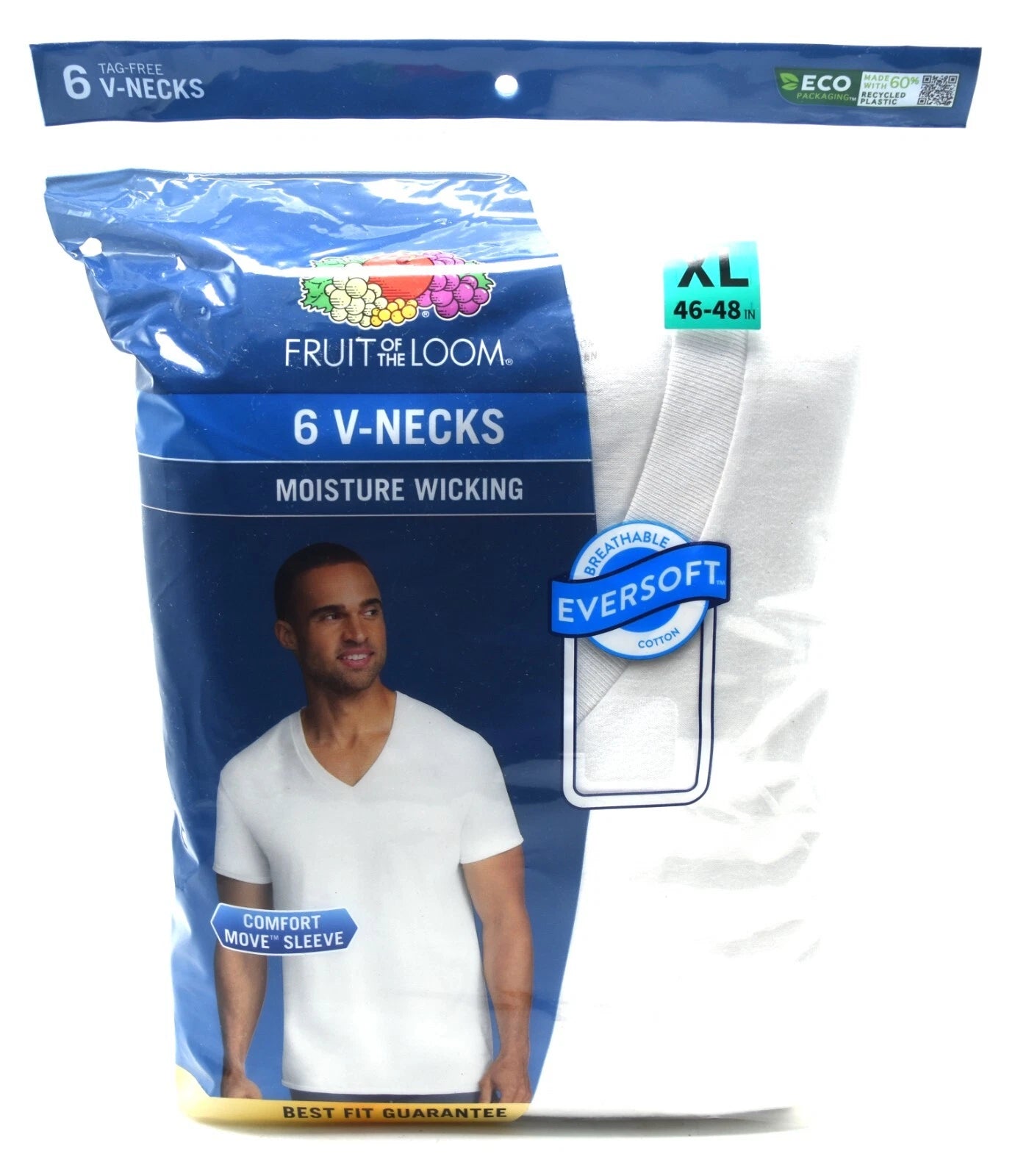 6 White XL 46-48 Inch V-Neck T-Shirts Fruit Of The Loom TG EG 117-122 CM