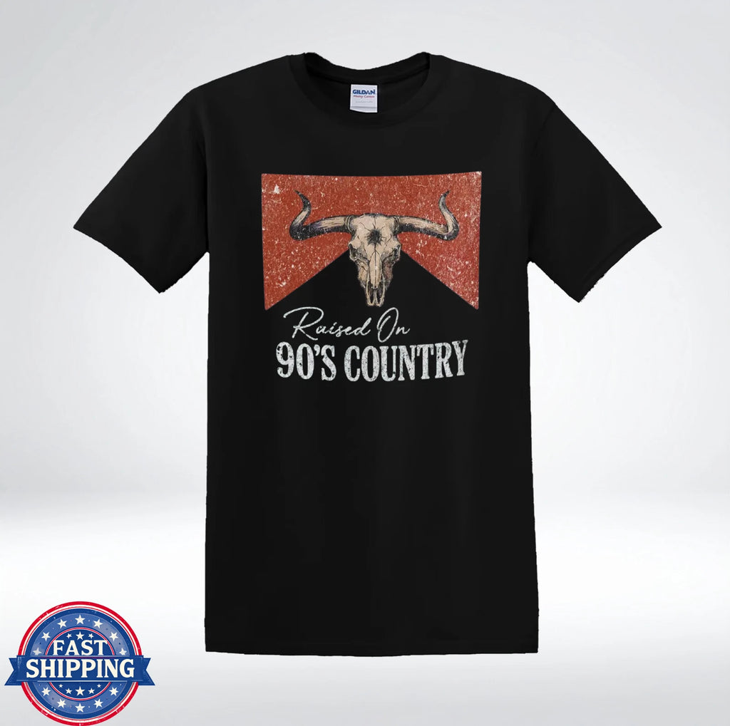 Raised On 90s Country Shirt Vintage Western Bull Skull T-Shirt