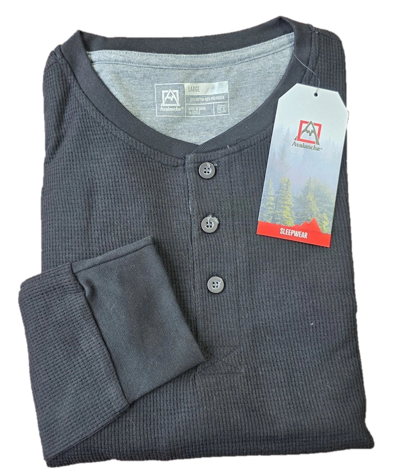 Avalanche Henley Men's Long Sleeve Sleepwear Thermal Waffle Knit Shirt,Black