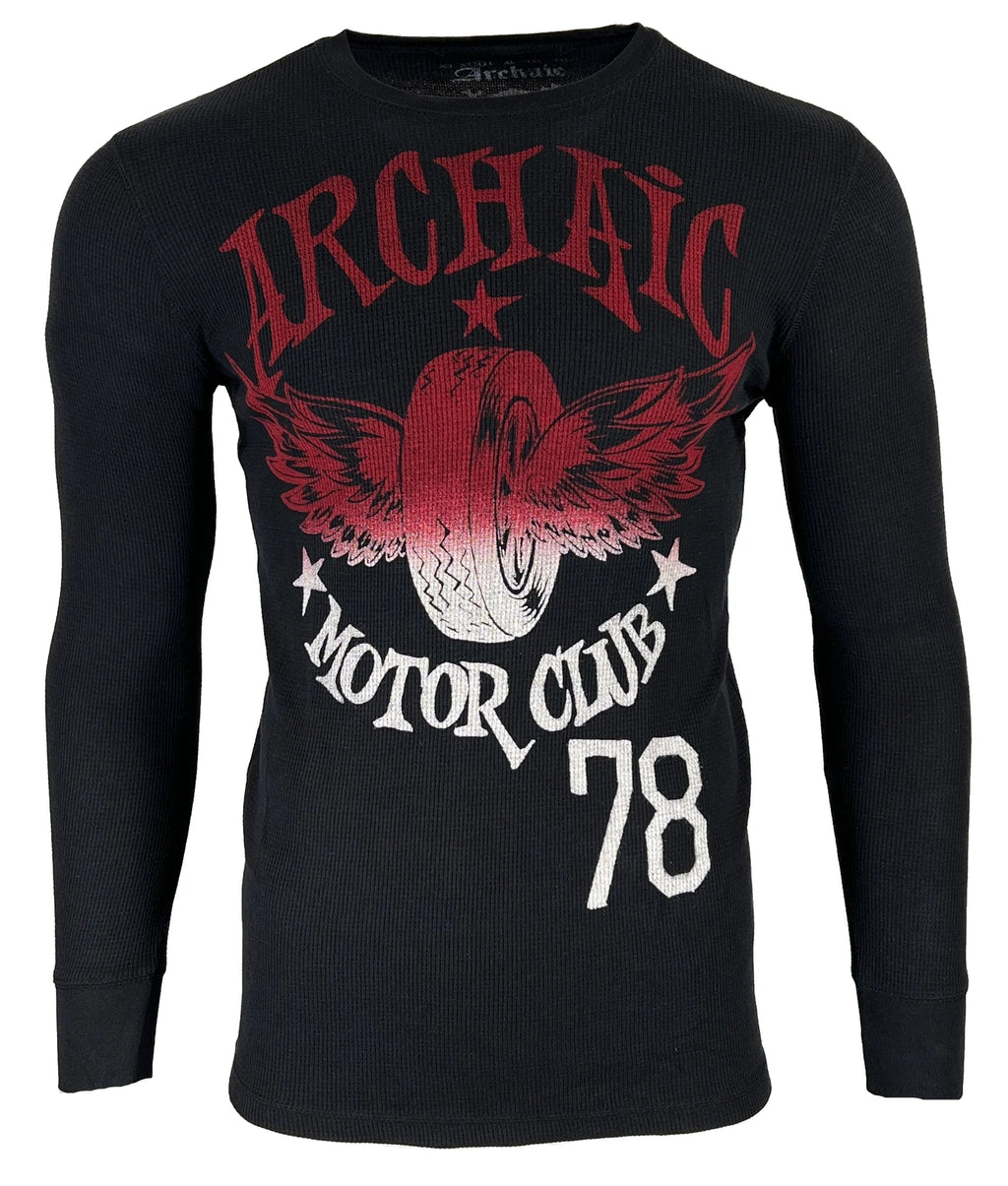 Archaic by Affliction Men's Thermal Shirt FLYING RACER Wings Biker Black