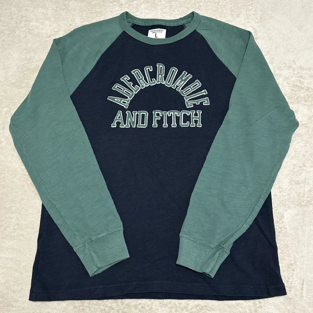 Abercrombie & Fitch Shirt Mens L Raglan Long Sleeve Navy Green Spellout Logo Y2K