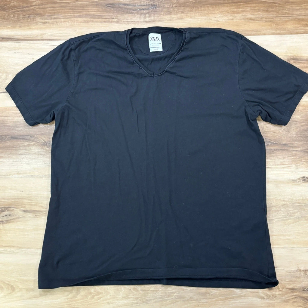 Zara T-Shirt Mens XL Deluxe Minimalist 100% Cotton V-Neck Black Casual Tee