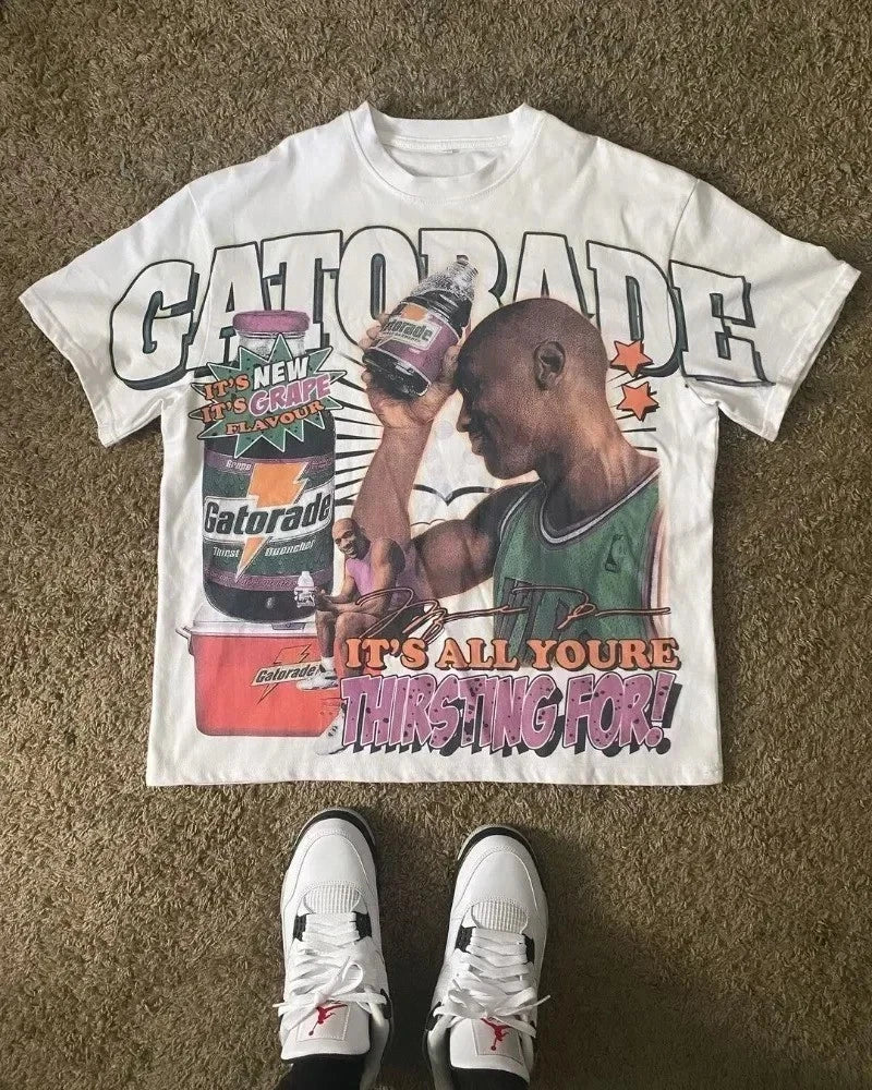 Men's Summer Retro Letter Portrait Printed T-shirt Boxy Fit Y2k Urban Streetwear