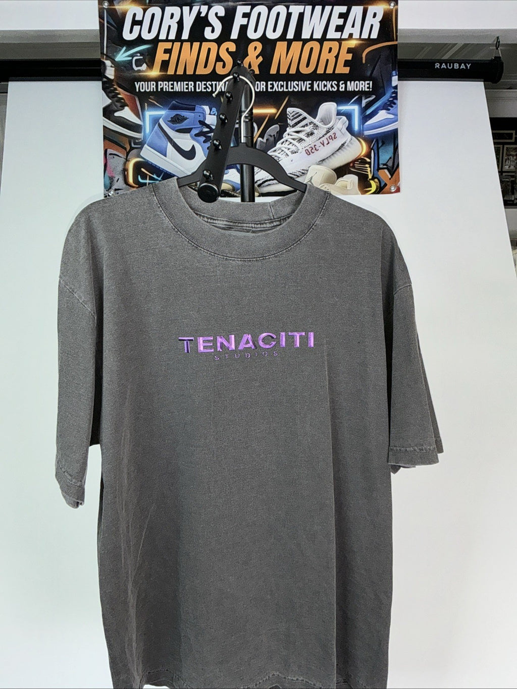 Tenaciti Studios T-Shirt Size Large Faded Black Purple Metallic Logo Streetwear
