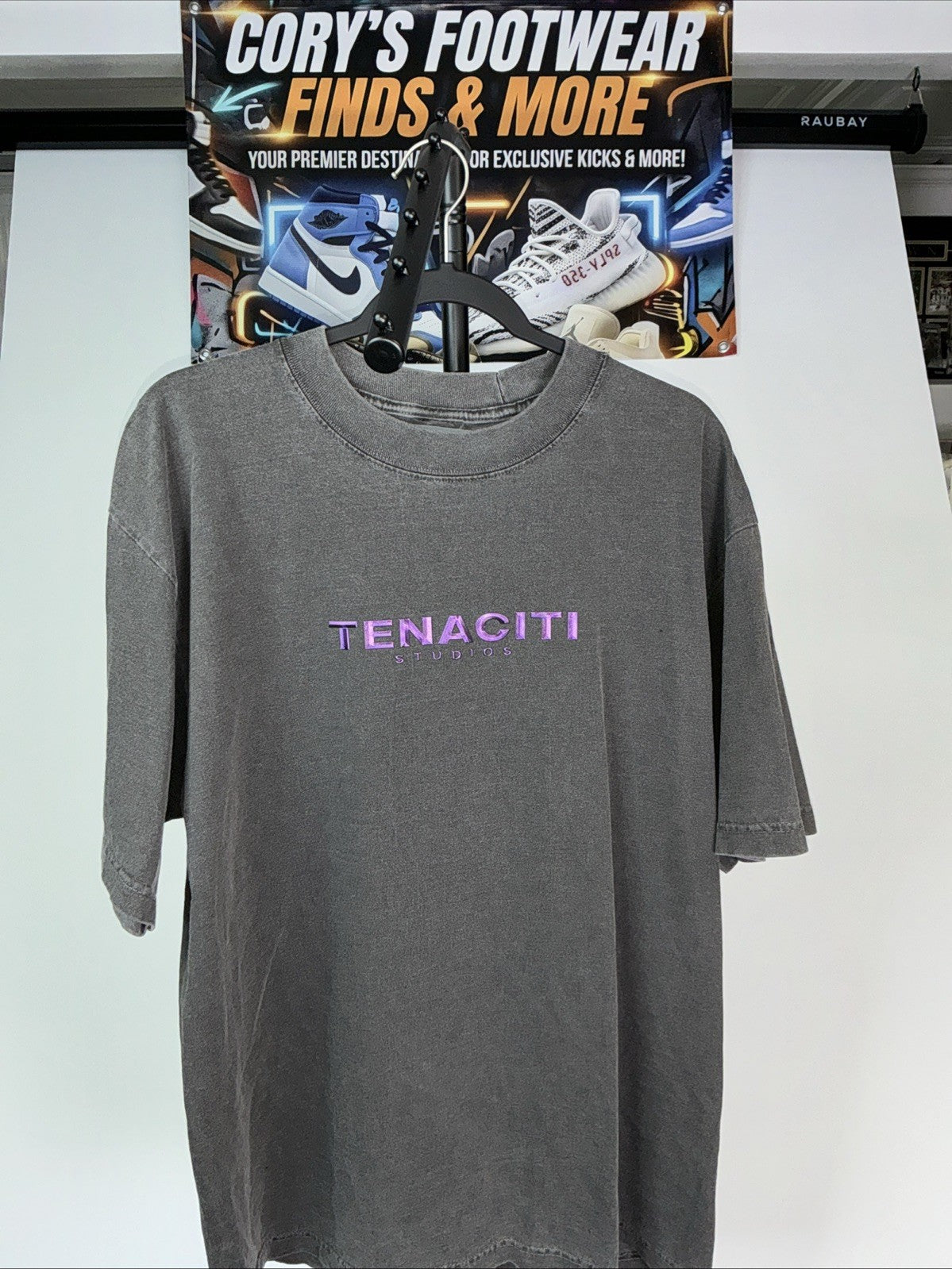 Tenaciti Studios T-Shirt Size Large Faded Black Purple Metallic Logo Streetwear