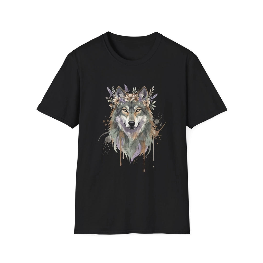 Wolf Floral Crown Watercolor Black Tee Nature Aesthetic Graphic T-Shirt