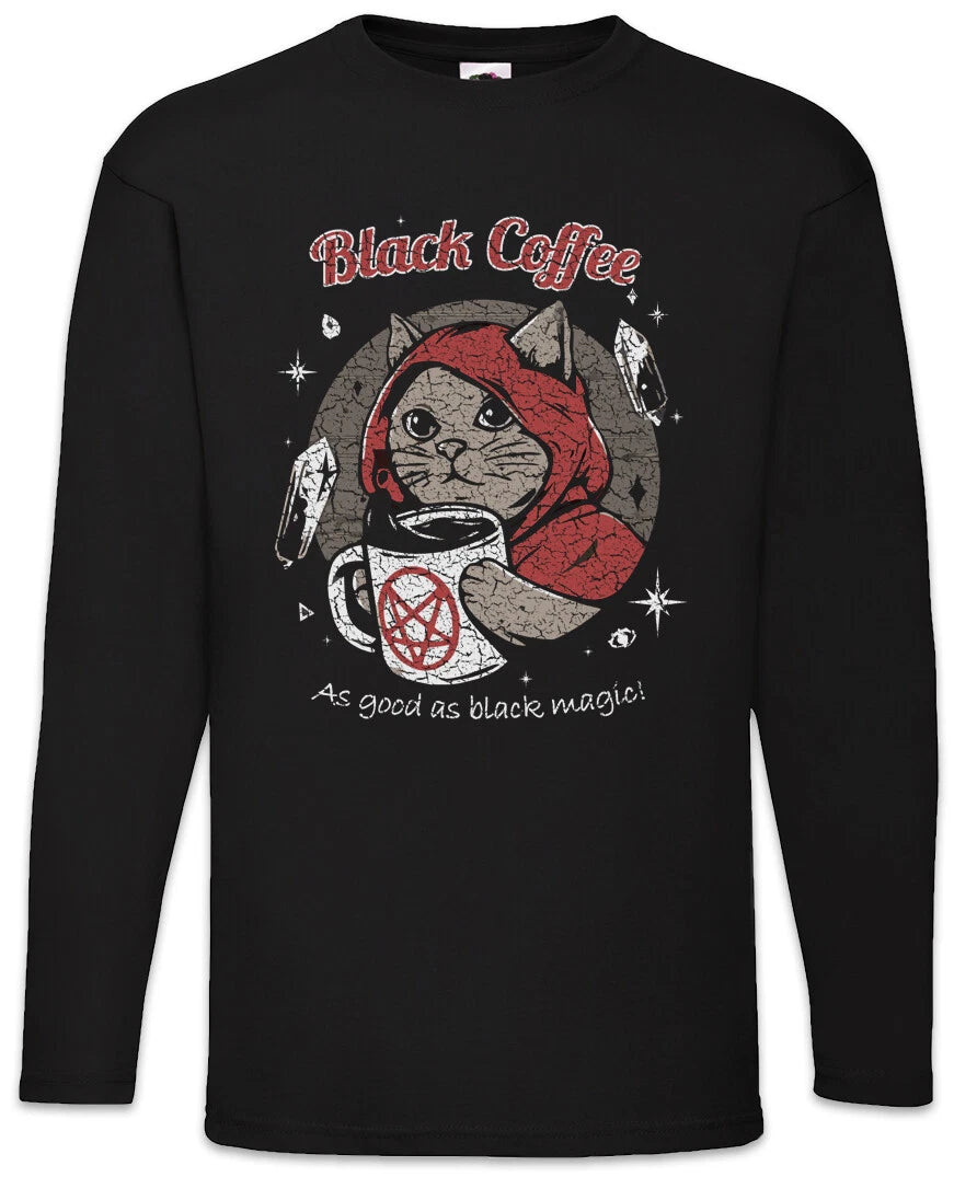 Black Coffee Magic Long Sleeve T-Shirt Caffeine Nerd Fun Halloween Cat Cats