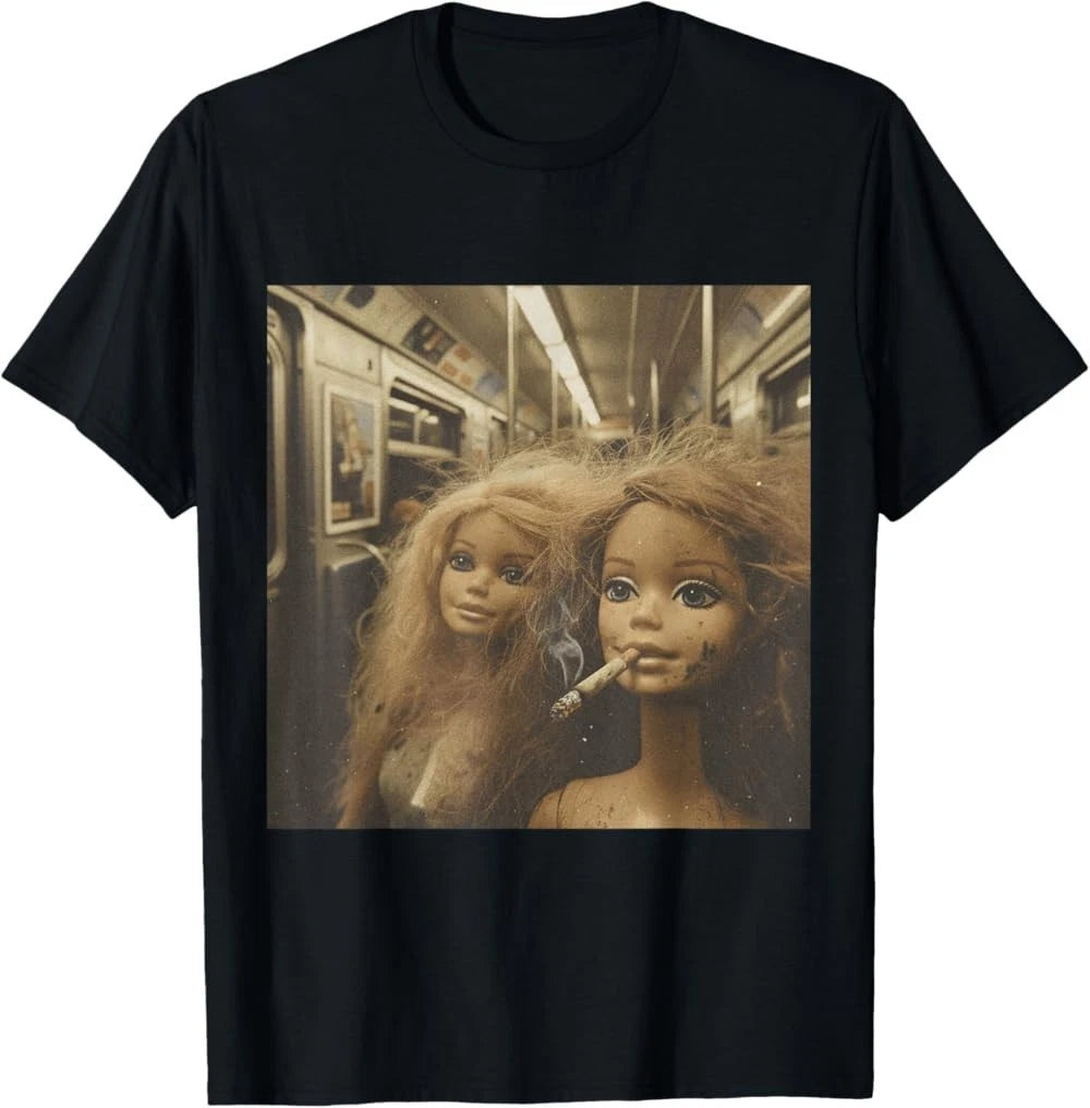 Distressed Doll Smoking Funny Doll Face Meme T-Shirt