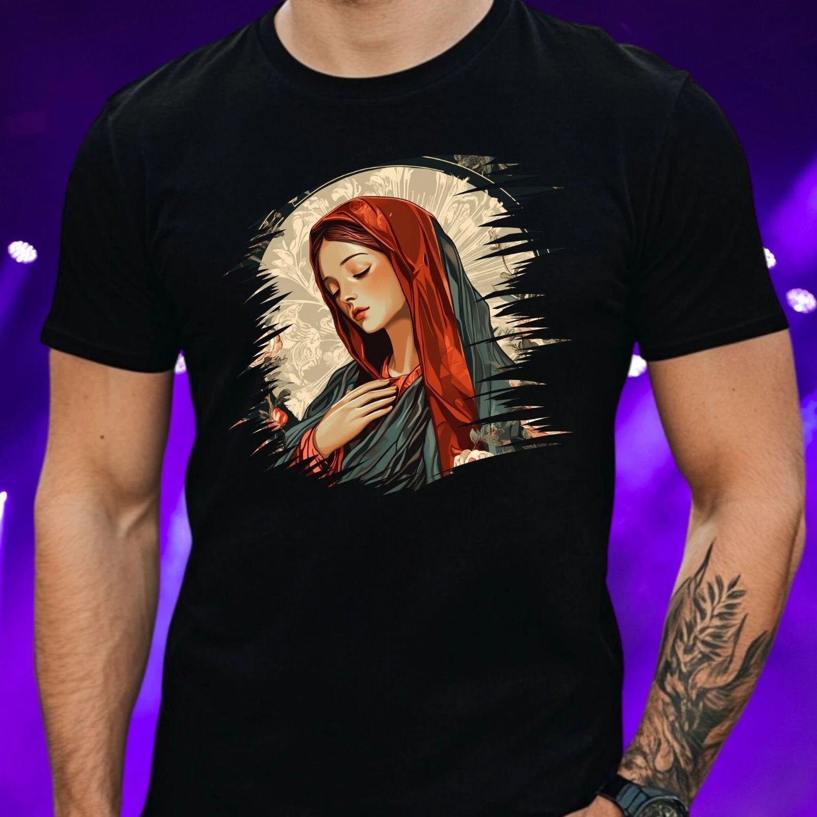 Mens Virgin Mary Motif Cotton T-Shirt Size S to 5XL