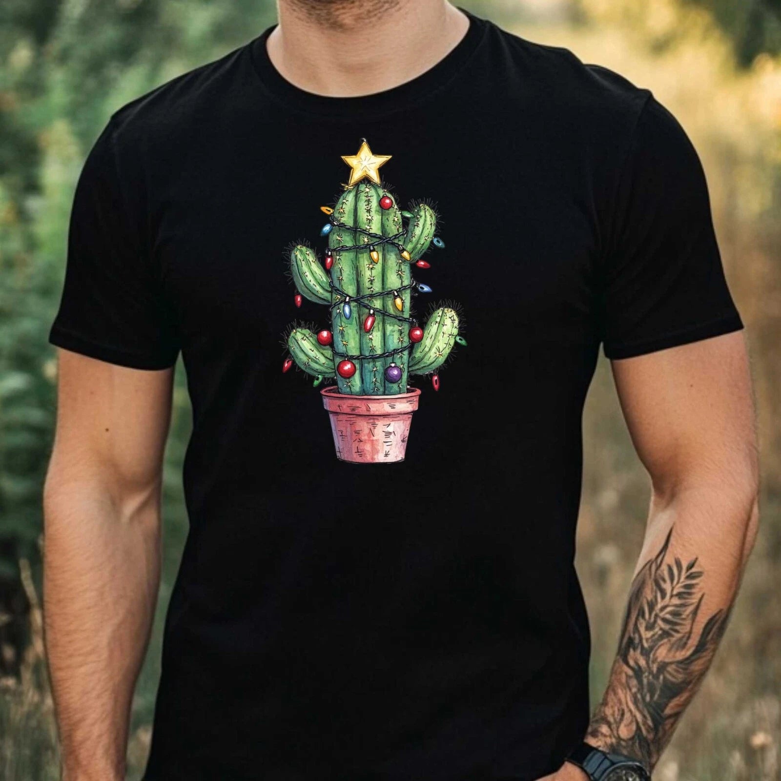 Mens Cactus Christmas Theme Cotton T-Shirt Size XS to 5XL