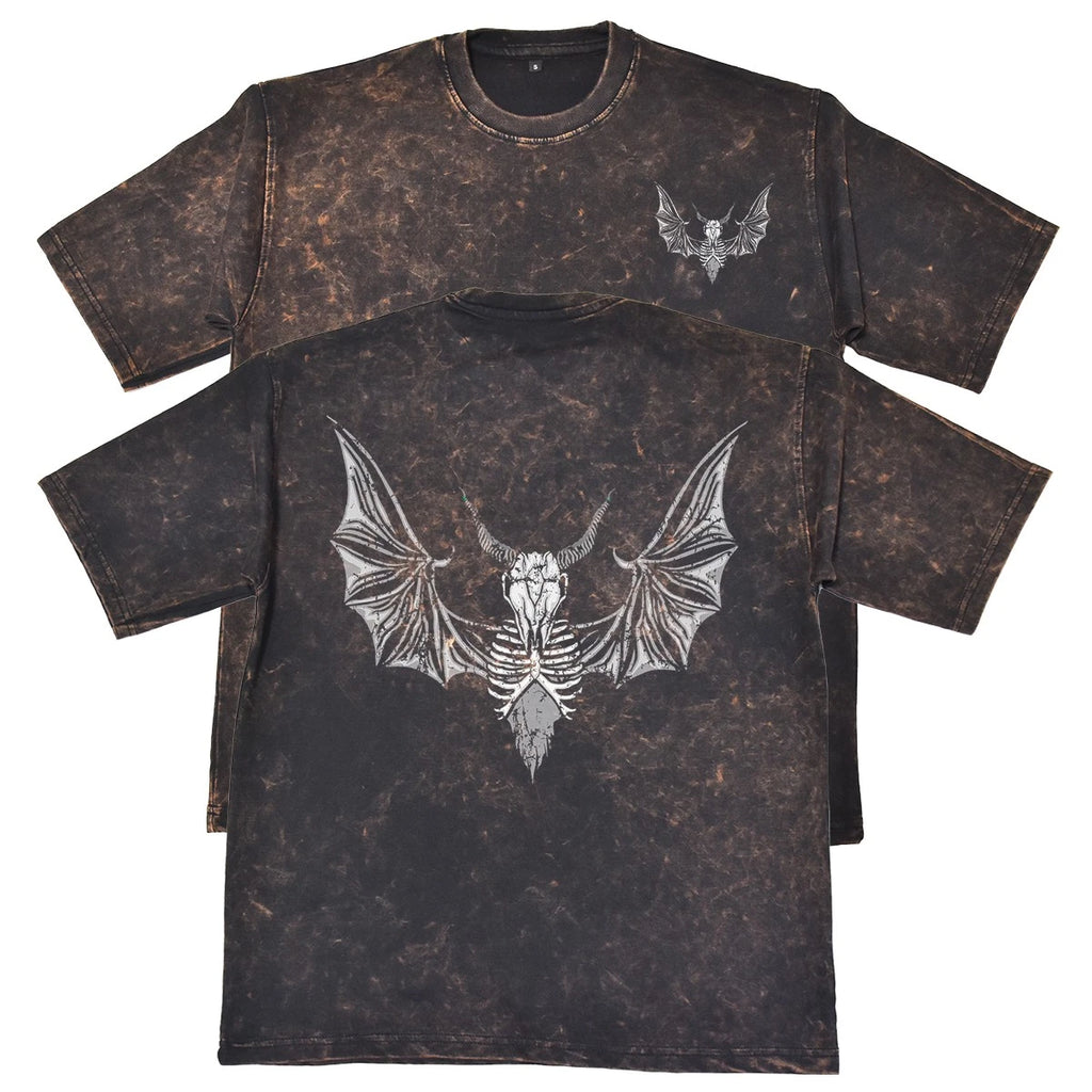 Winged Demon Skull Unisex Mens Rust 240gsm French Terry Acid Wash T-Shirt Gothic