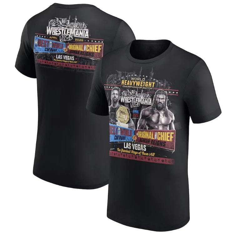 Black WrestleMania 42 CM Punk vs. Roman Reigns T-Shirt
