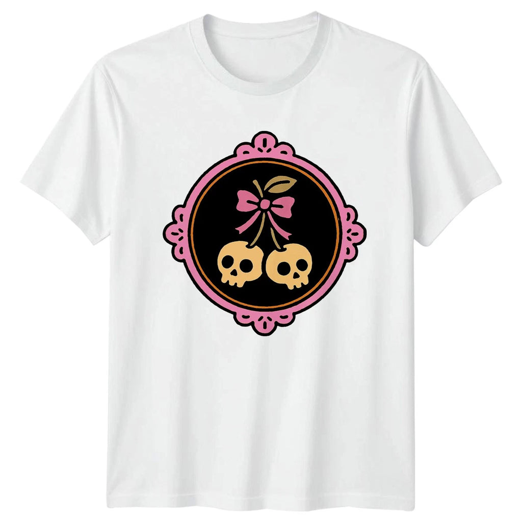 Skull Cherries Pink Bow Womens T-Shirt Pastel Goth Halloween Gift For Her