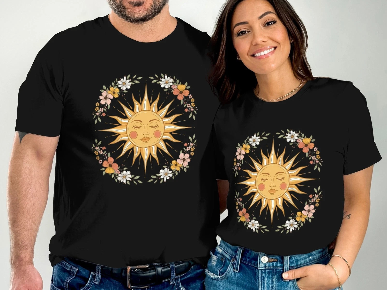 Floral Sun Face T-Shirt, Boho Graphic Tee for Women, Retro Summer Aesthetic