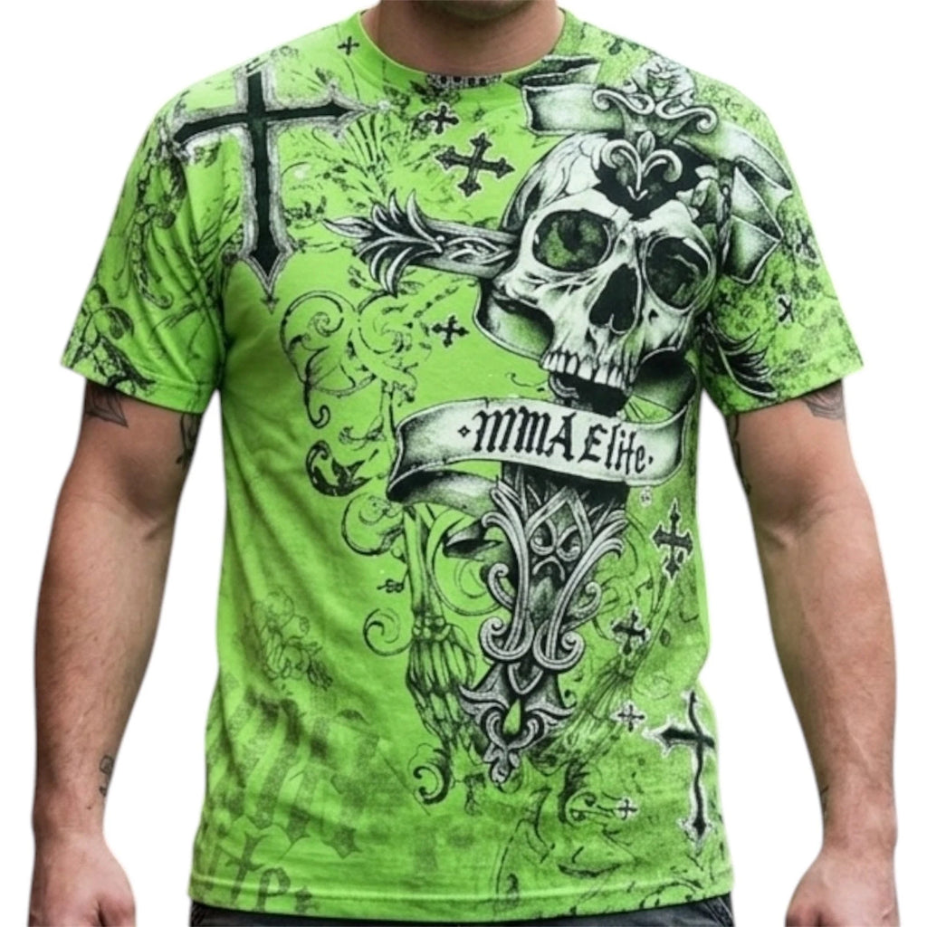 Rare MMA ELITE Neon Green Skulls Cross Short Sleeve  Y2K Mens T-shirt SMALL NWT
