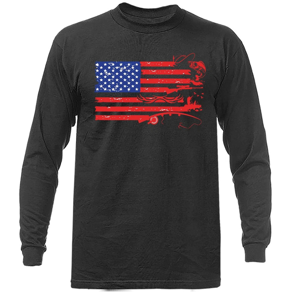 American Flag Fish Deer Fishing & Hunting Patriotic Outdoor Long Sleeve Shirt