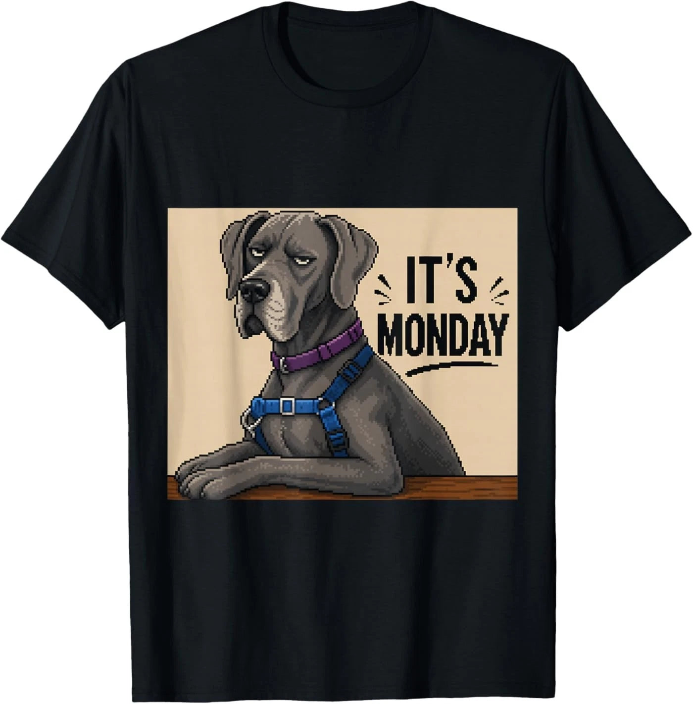 Funny Grumpy Dog Monday Pixel Art Great Dane T-Shirt