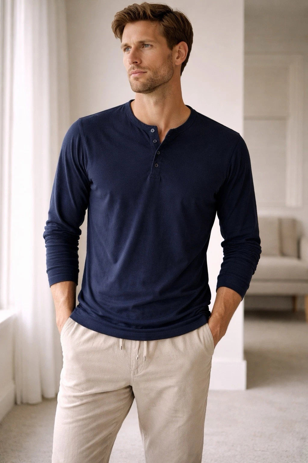 Onia Long Sleeve Henley Shirt Mens M Navy Minimalist Casual
