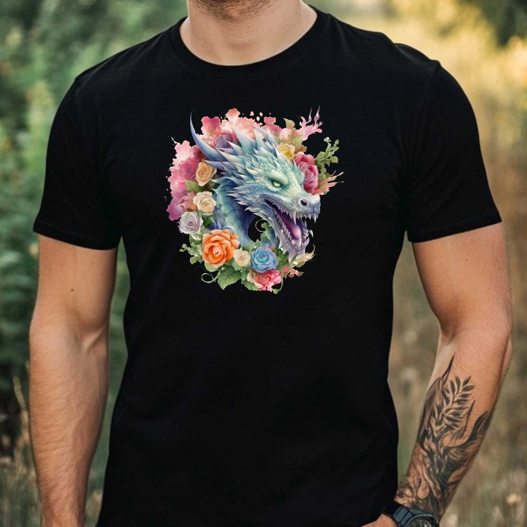 Mens Watercolour Floral Dragon Motif Cotton T-Shirt Size XS to 5XL