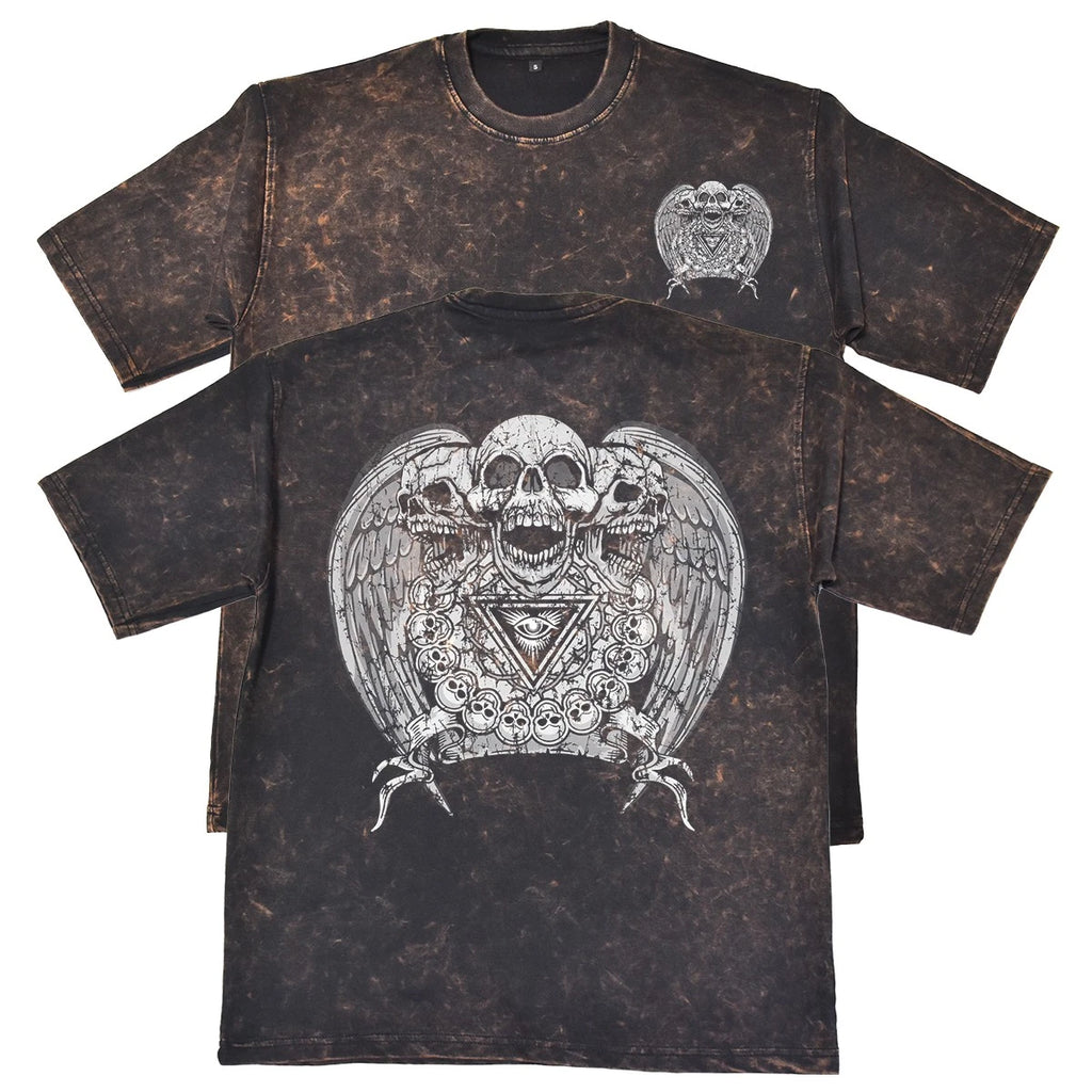 Winged Skulls Eye Unisex Mens Rust 240gsm French Terry Acid Wash T-Shirt Gothic