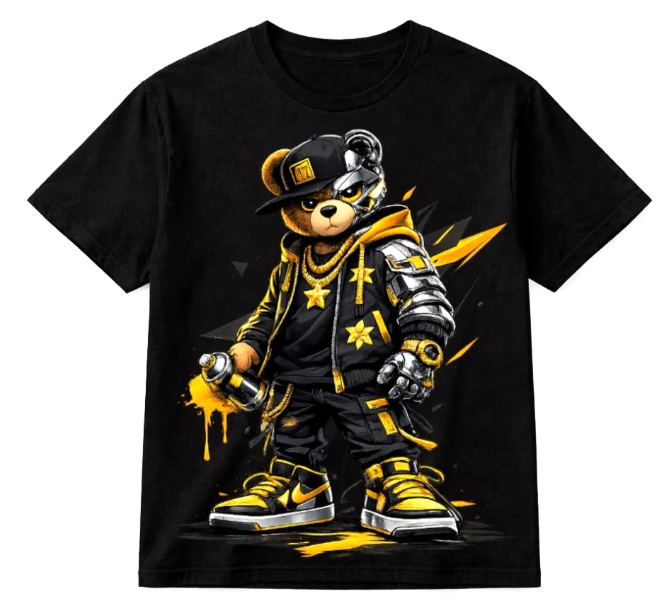 Urban Streetwear Bear Graphic T-Shirt Hip Hop Black Gold Tee