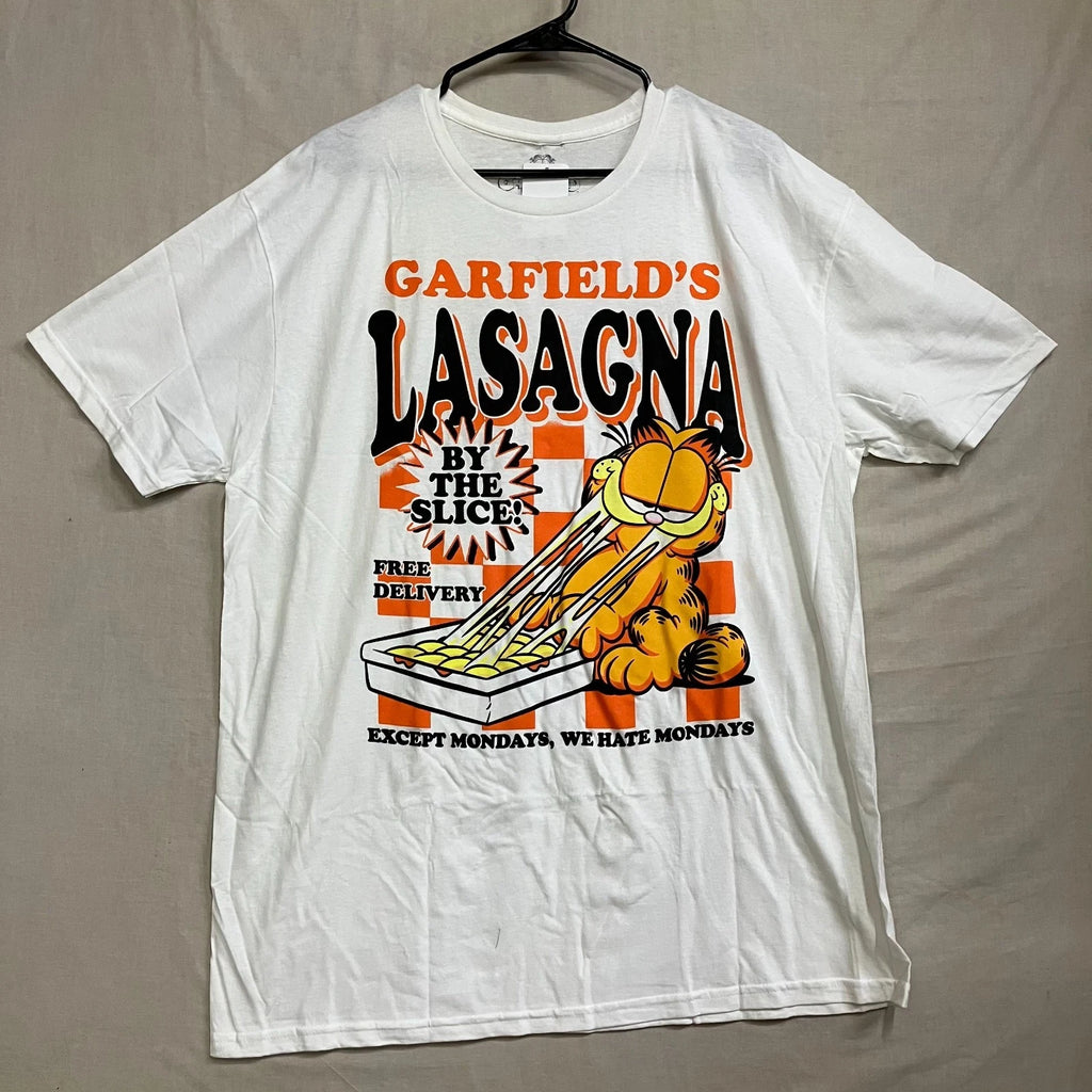 Garfield T-Shirt XL White Lasagna By the Slice Comic Graphic Short Sleeve