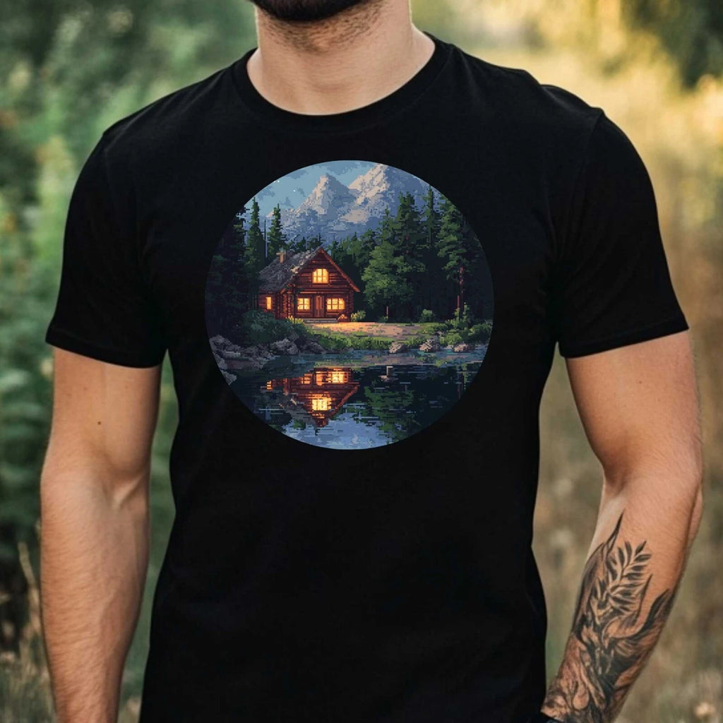 Mens Lake Cabin Pixel Art Motif Cotton T-Shirt Size XS to 5XL