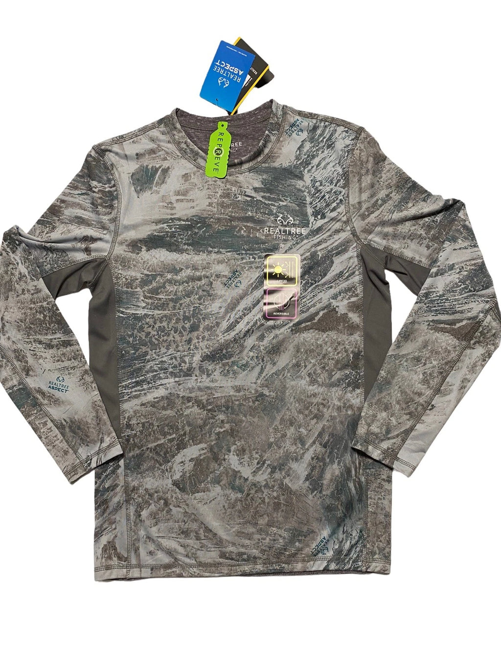 Realtree Aspect Mens Gray Reversible Long Sleeve Performance Fishing Shirt Small