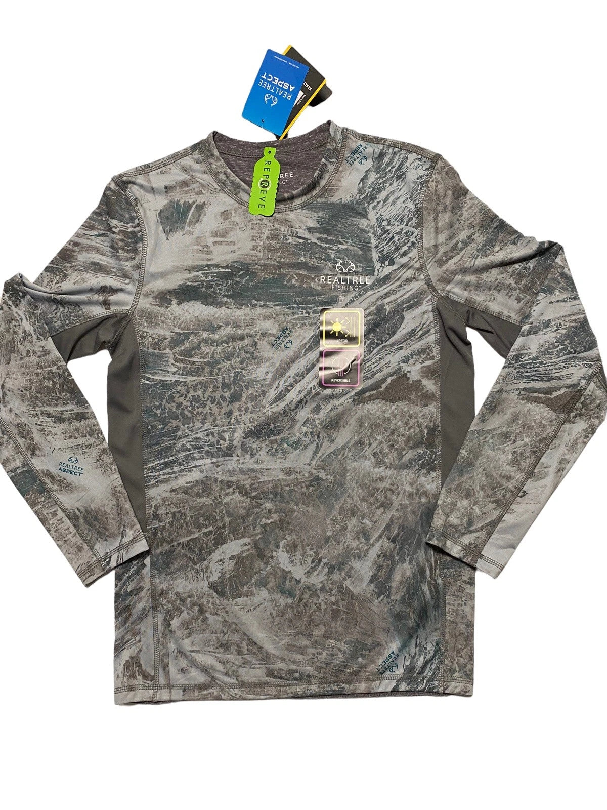 Realtree Aspect Mens Gray Reversible Long Sleeve Performance Fishing Shirt Small