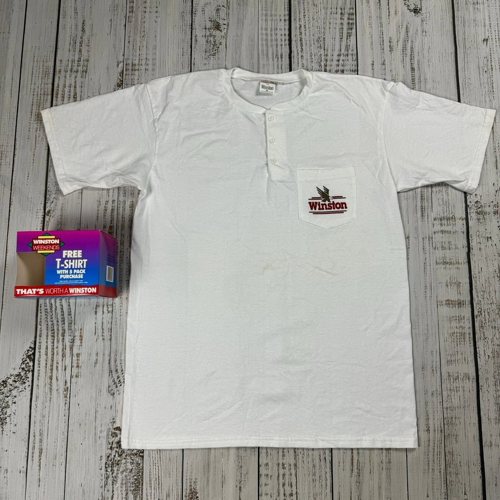 VINTAGE 90s WINSTON CIGARETTES EAGLE HENLEY POCKET T SHIRT XL OSFA USA MADE CUP