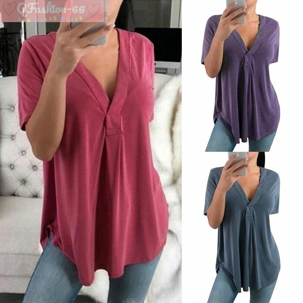 Women V neck Short Sleeve Tunic Top Long Blouse Casual Loose T-Shirt Plus Size