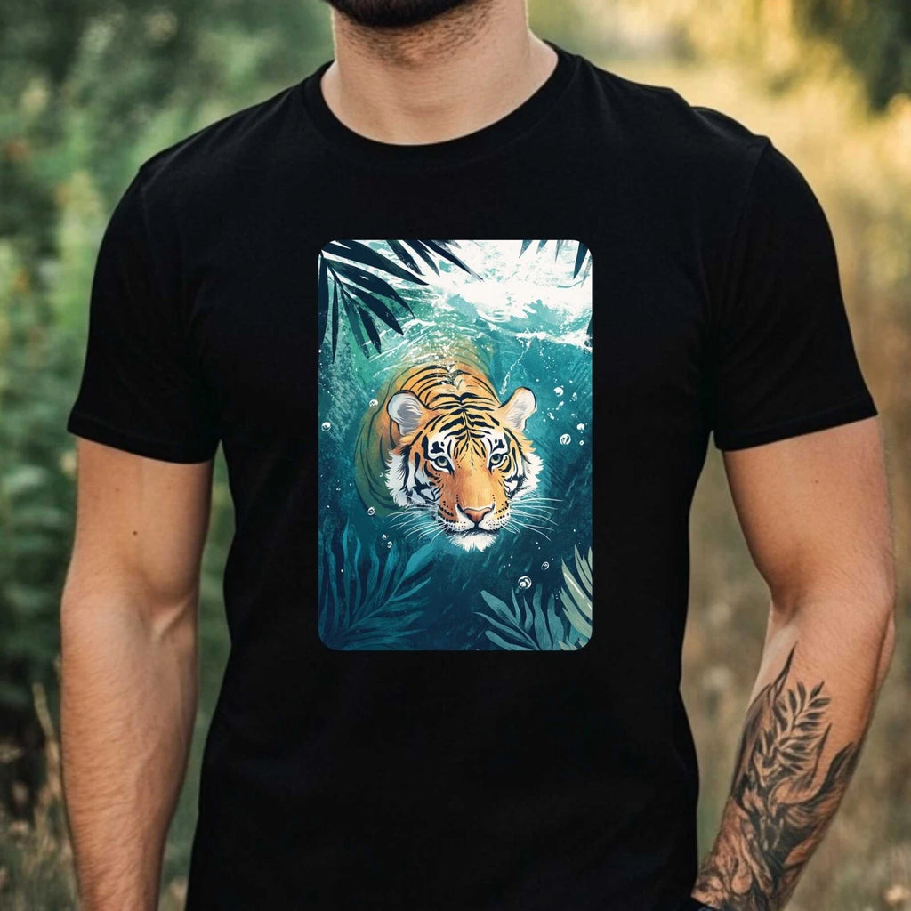 Mens Tiger Swimming In Ocean Motif Cotton T-Shirt Size XS to 5XL