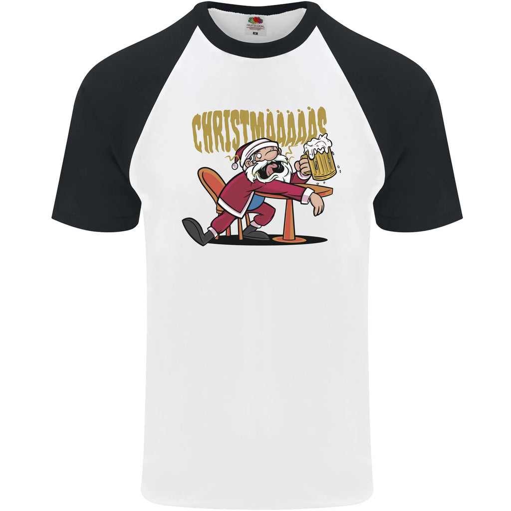 Drunk Santa Funny Christmas Alcohol Beer Xmas Mens S/S Baseball T-Shirt