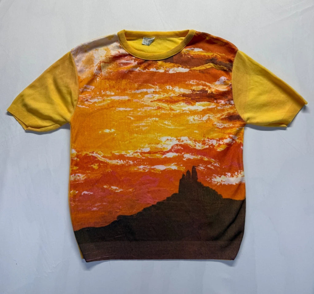 Knitted Fashion T Shirt Mens Medium Multicolor Sunset Mountain Scenic Nylon