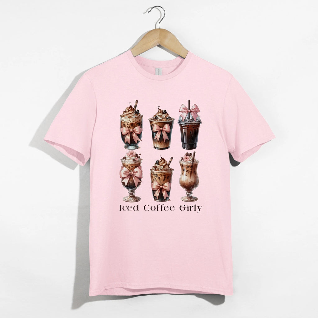 Iced Coffee T-Shirt, Girly Bows, Cute Drink Lover Tee, Trendy Summer T Shirt