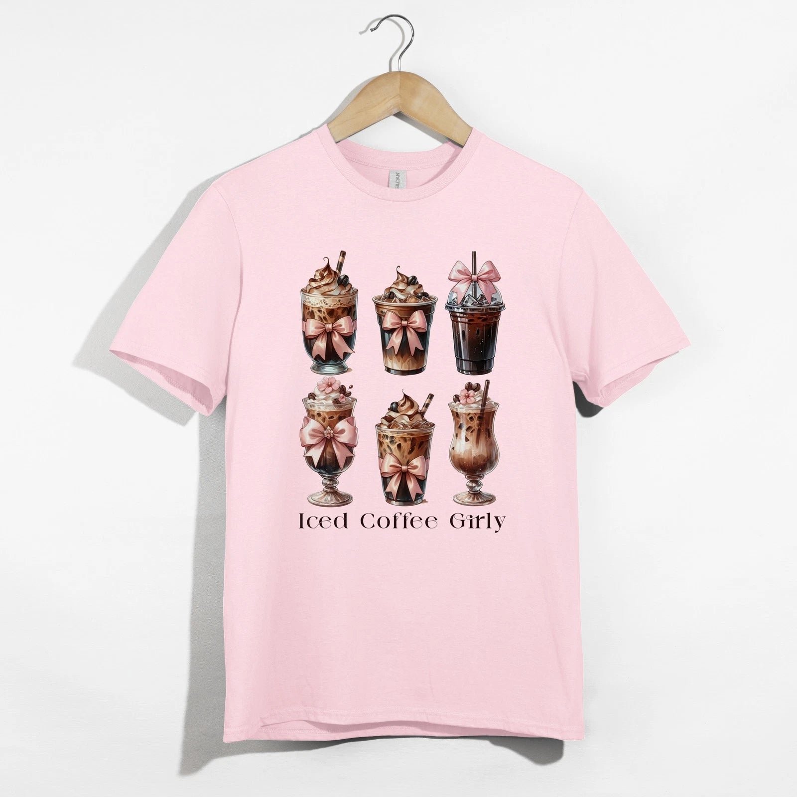 Iced Coffee T-Shirt, Girly Bows, Cute Drink Lover Tee, Trendy Summer T Shirt